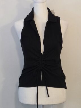 Guess Black Ruched Halter Collared Tank Top